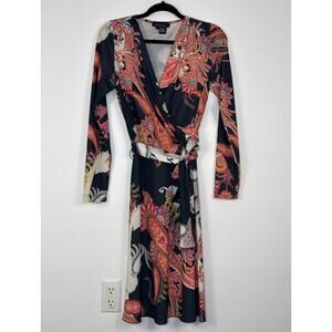 Etcetera Faux Wrap Dress Size 4 Multicolor Paisley Belted Long Sleeve Vibrant